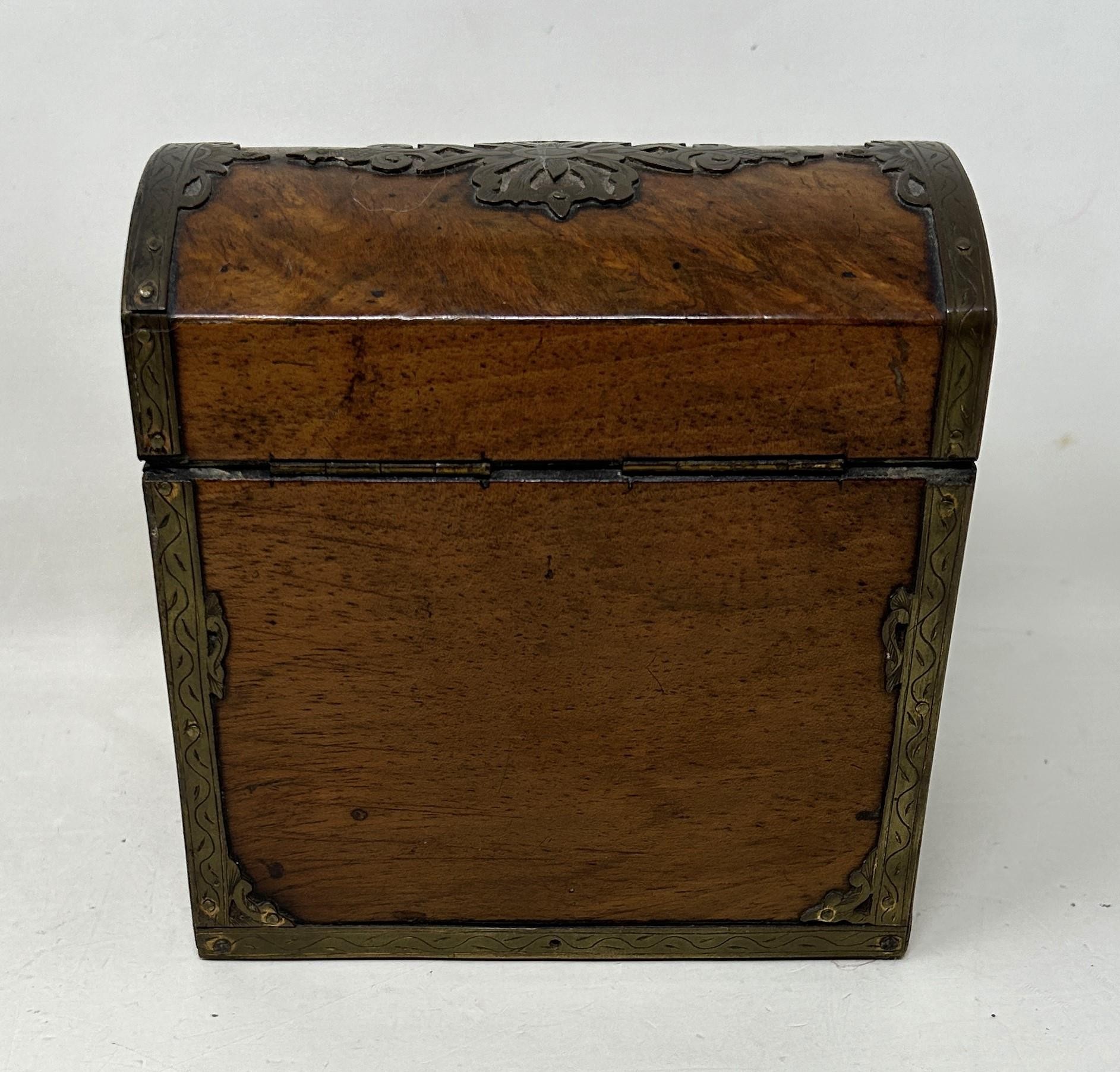 A walnut and brass bound decanter box, 14 cm wide some damage to the glass - Image 4 of 4