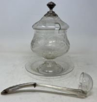 An etched glass bowl, cover, stand and ladle, with silver coloured metal mounts, 28 cm high (4)