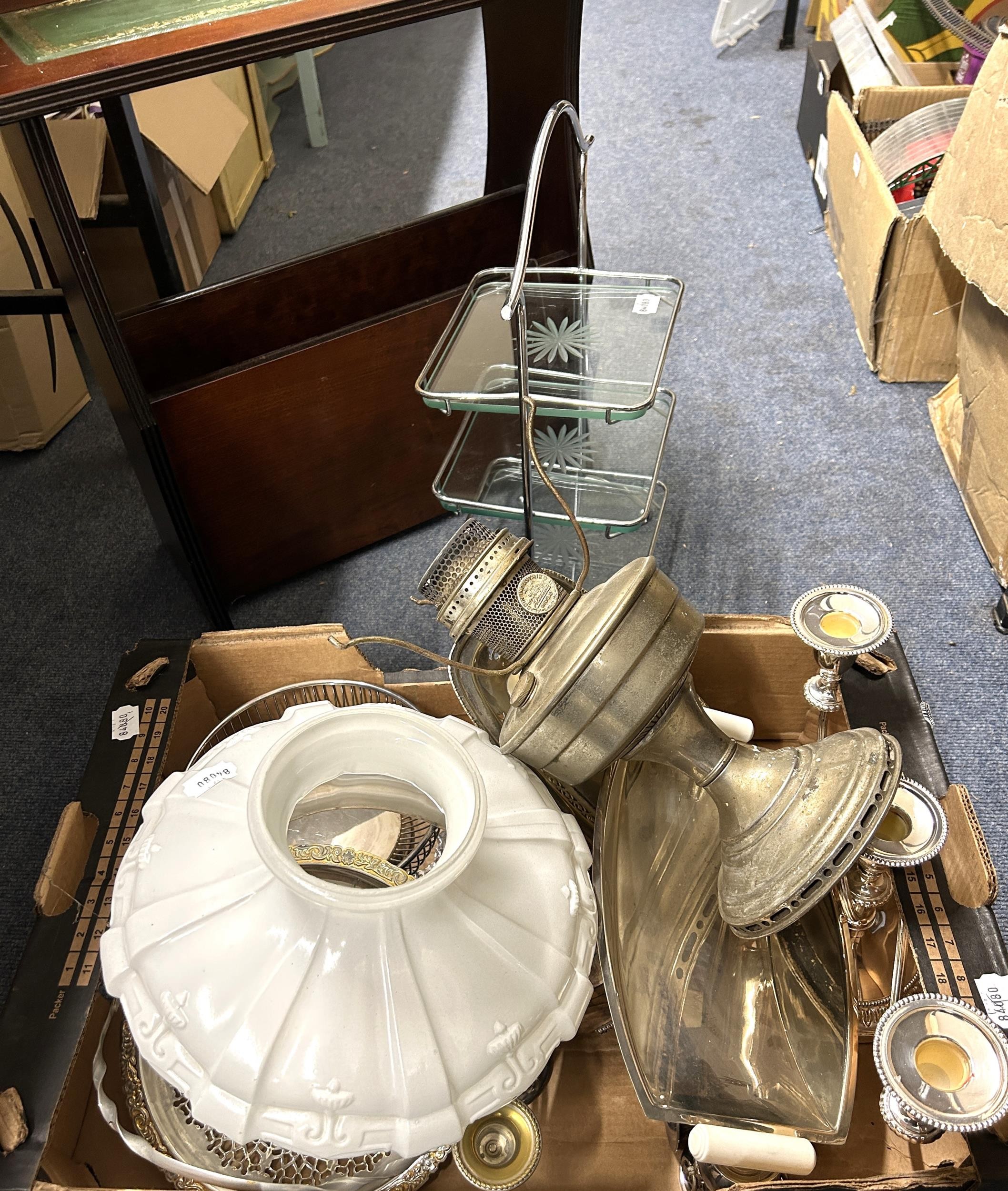 Assorted silver plate, an oil lamp, a cake stand, a magazine rack and other items (qty)