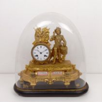 A gilt metal mantle clock, with enamel dial, in a gilt metal figural case, under a glass dome, 40 cm
