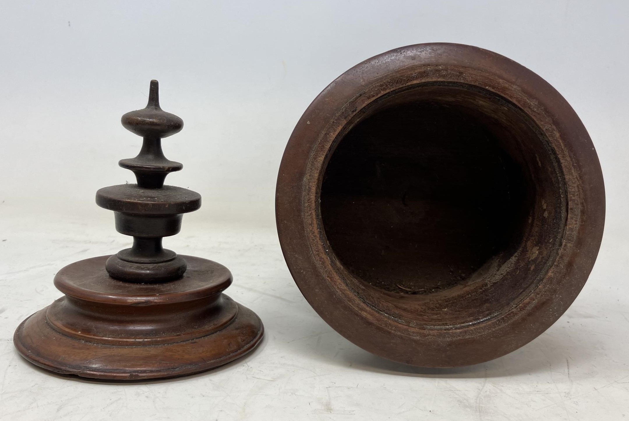 A Dutch treen tobacco box, and a small leather covered travelling vanity case, with silver - Image 2 of 5