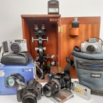A Beck microscope, model 48, cased and assorted cameras (box)