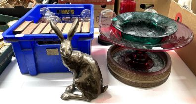 A bronzed figure, of a hare, 29.5 cm high, assorted glass, ceramics, books and other items (qty)