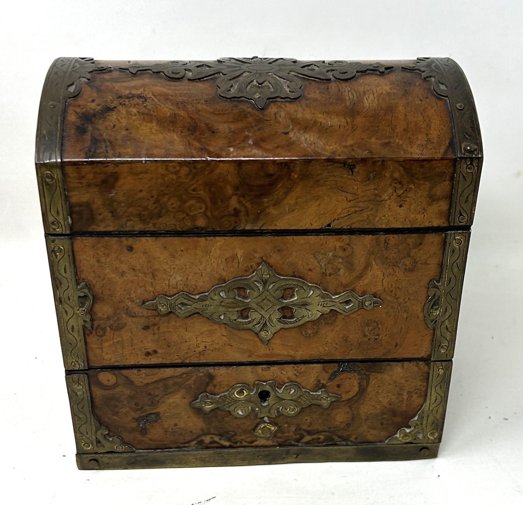 A walnut and brass bound decanter box, 14 cm wide some damage to the glass - Image 2 of 4