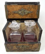 A walnut and brass bound decanter box, 14 cm wide some damage to the glass