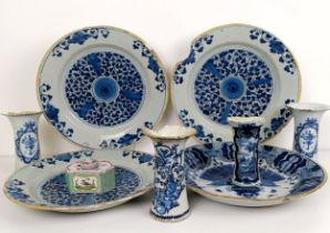 A pair of blue and white Delft dishes, 36 cm diameter, and assorted other Delft (9)