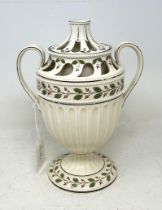 A Wedgwood creamware pot pourri vase, with twin handles, decorated leaves, 25 cm high