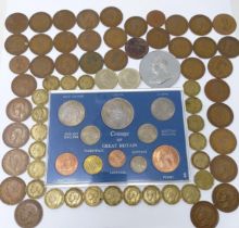 A Victorian commemorative medallion and assorted coins (box)