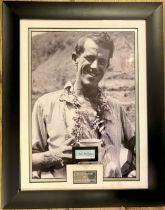 A Sir Edmund Hillary autograph, mounted in a frame with an enlarged monochrome photograph of Sir