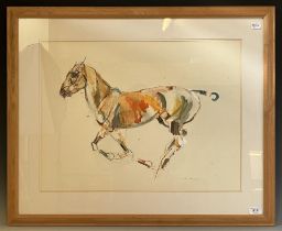 Jo Taylor, Gold Horse, mixed media, signed, 44 x 60 cm good condtion apart from a couple of dirt