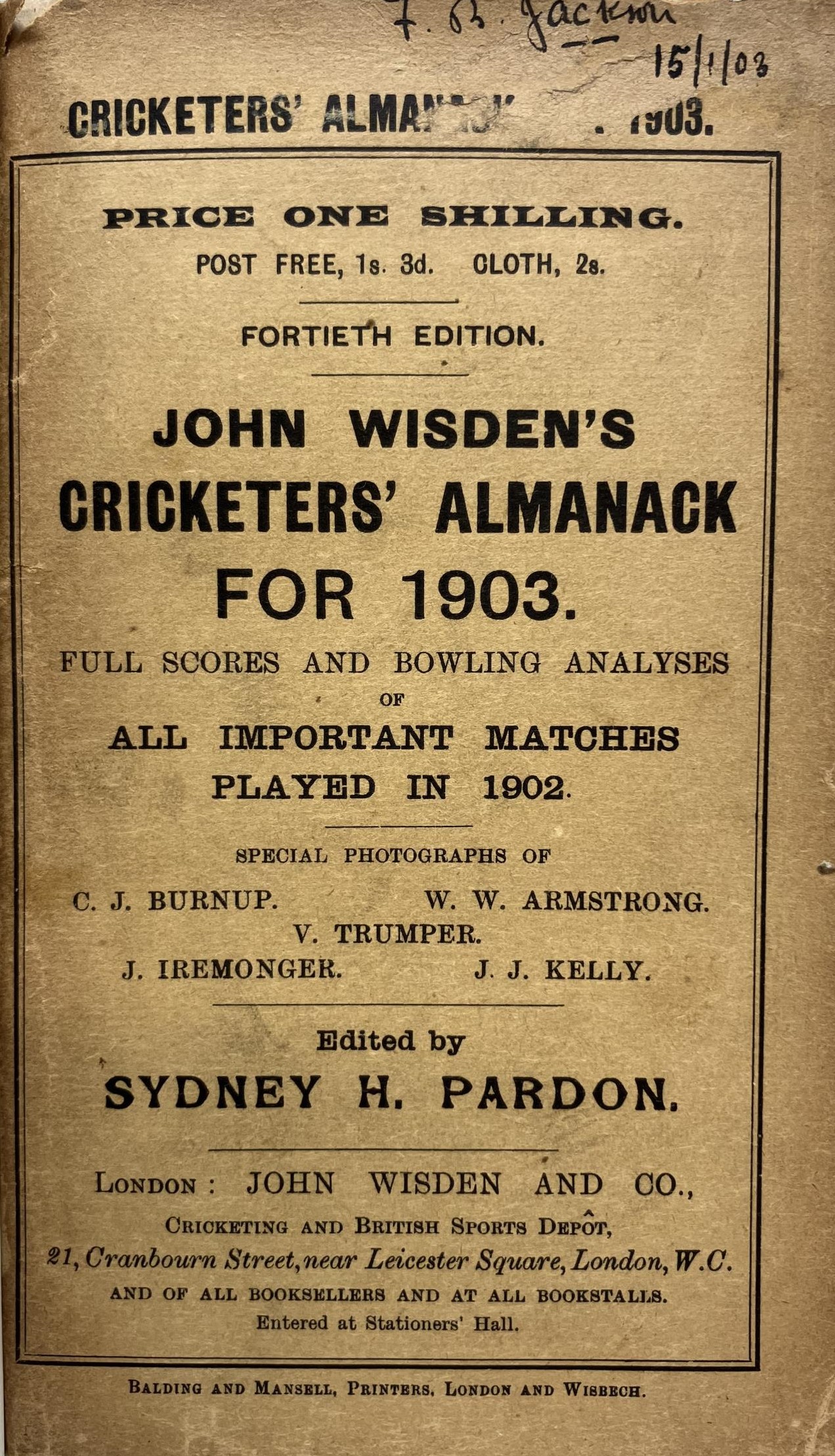 A Wisden Cricketers' Almanack, 1903 Provenance:  From the Harry Brewer Cricket Memorabilia - Image 3 of 4