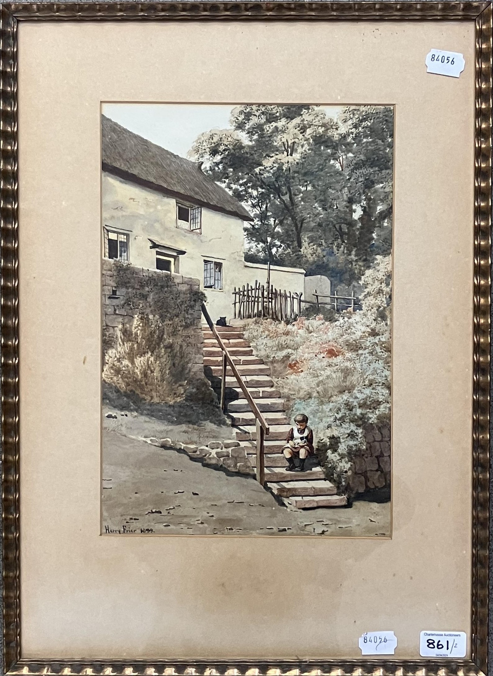 Harry Frier, a street scene with a girl with a basket, signed and dated 1899, and its pair, 36 x