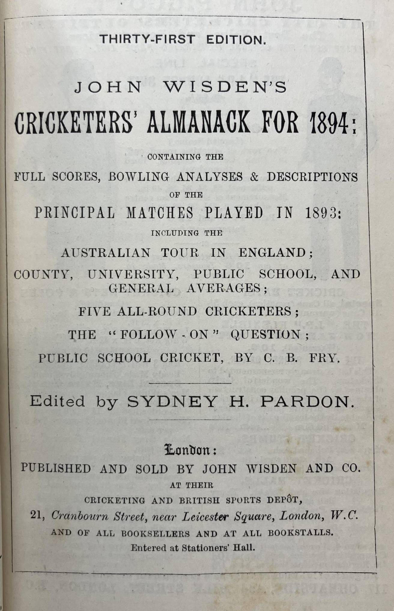 A Wisden Cricketers' Almanack, 1894 Provenance:  From the Harry Brewer Cricket Memorabilia
