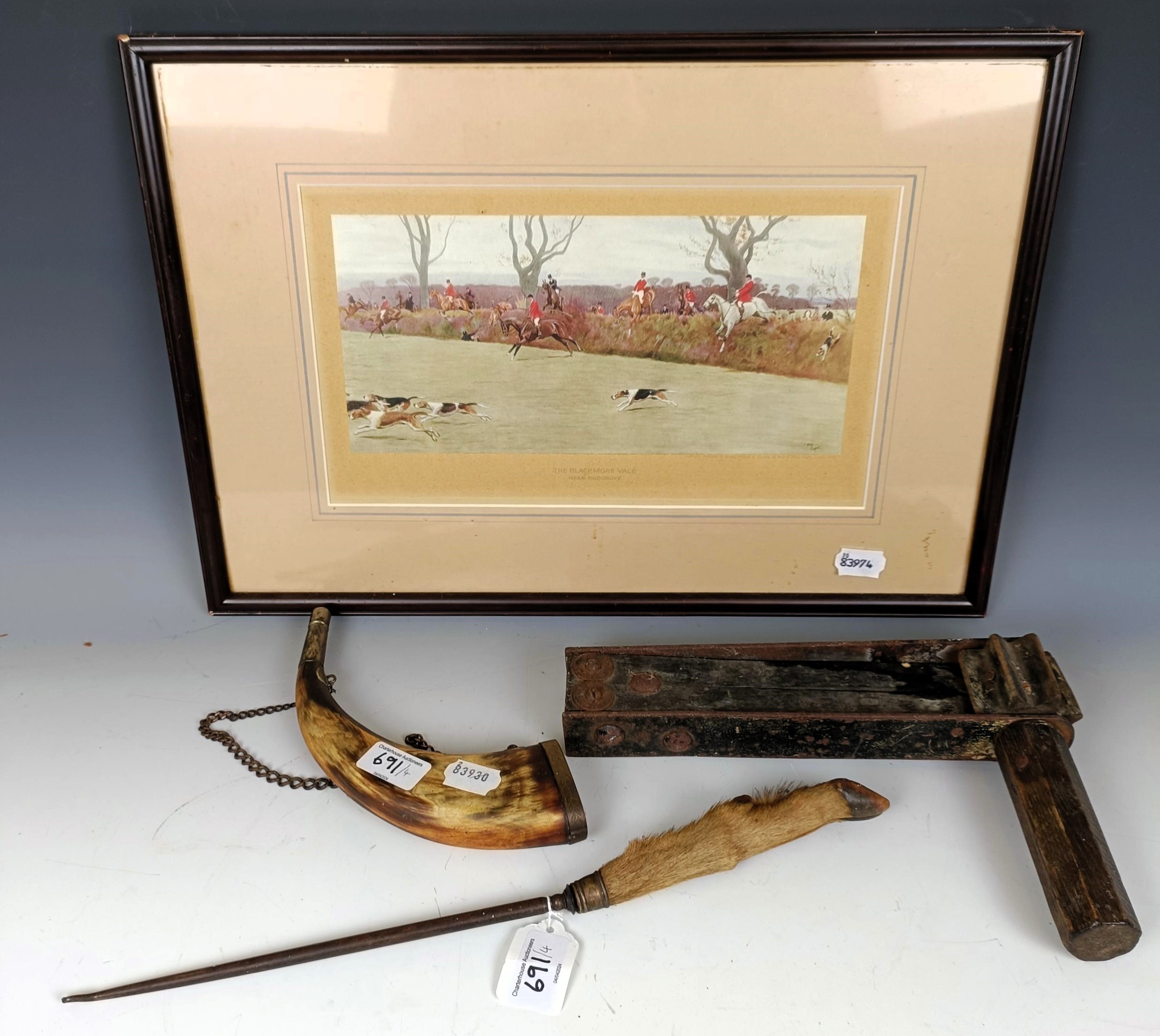 A Cecil Aldin coloured print, The Blackmore Vale, a Scottish horn flask, 24 cm, a rattle and a