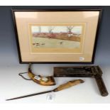 A Cecil Aldin coloured print, The Blackmore Vale, a Scottish horn flask, 24 cm, a rattle and a