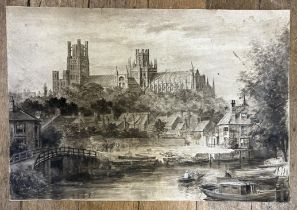 19th century, English school, a Cathedral, wash, 43 x 63 cm, and a print of the image,