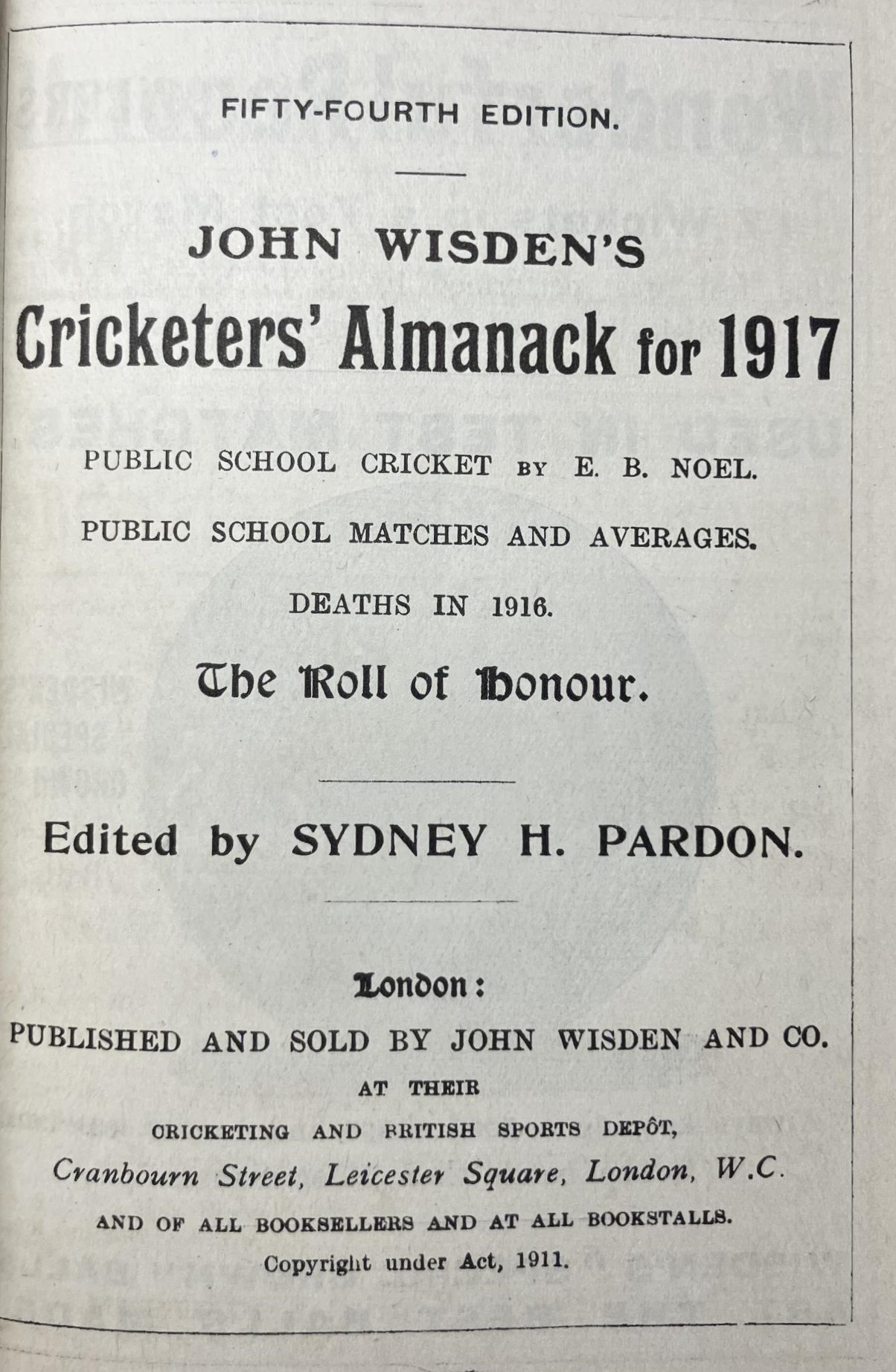 A Wisden Cricketers' Almanack, 1917 Provenance:  From the Harry Brewer Cricket Memorabilia