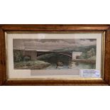 A 19th century print, Cast Iron Bridge Over The River Severn, 26 x 57 cm, in a birdseye maple frame