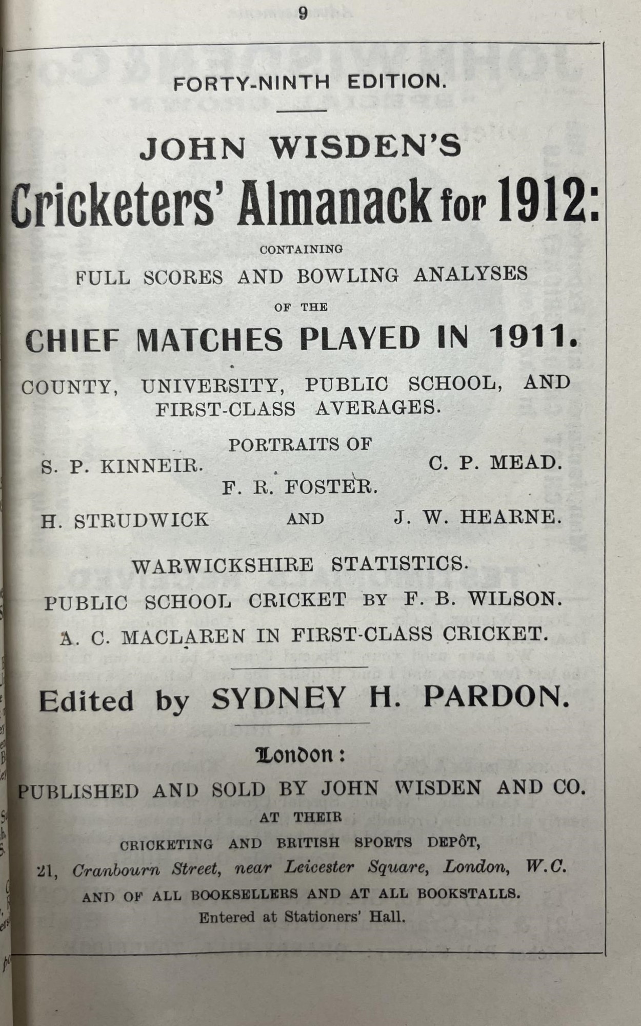 A Wisden Cricketers' Almanack, 1912 Provenance:  From the Harry Brewer Cricket Memorabilia