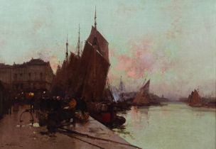 Eugene Galien-Laloue (1854-1941), Unloading Fish, Sunrise, Dieppe, oil on canvas, signed, 46 x 65.