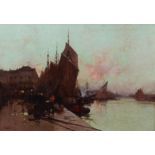 Eugene Galien-Laloue (1854-1941), Unloading Fish, Sunrise, Dieppe, oil on canvas, signed, 46 x 65.