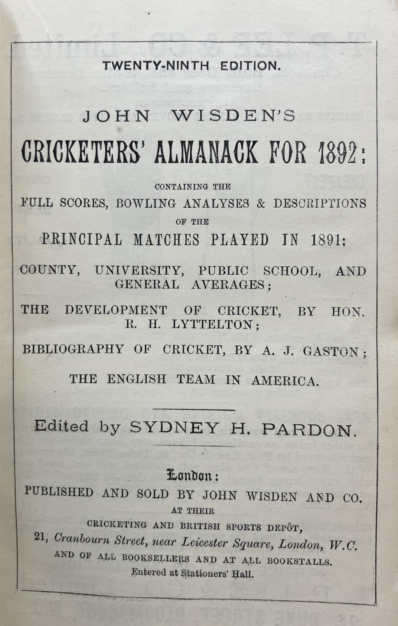 A Wisden Cricketers' Almanack, 1892 Provenance:  From the Harry Brewer Cricket Memorabilia