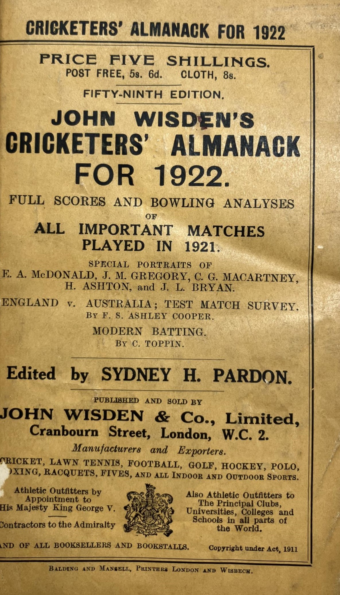 A Wisden Cricketers' Almanack, 1922 Provenance:  From the Harry Brewer Cricket Memorabilia - Image 3 of 4