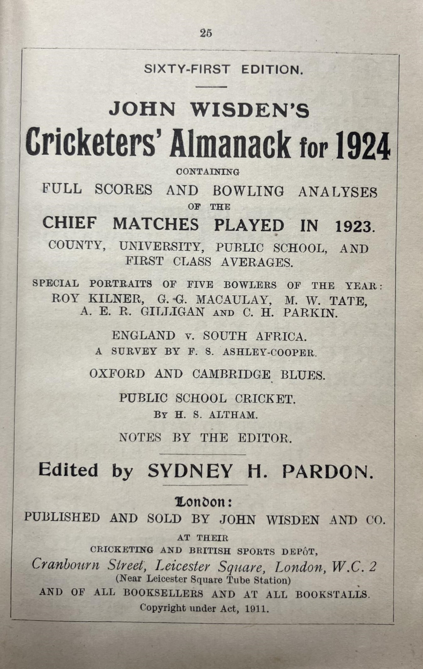 A Wisden Cricketers' Almanack, 1924 Provenance:  From the Harry Brewer Cricket Memorabilia