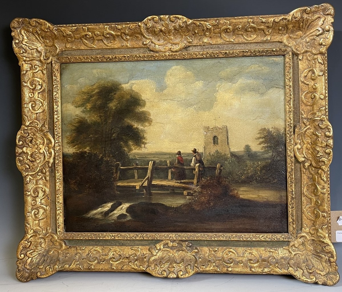 19th century, English school, figures on a bridge by a Church, oil on canvas, 35 x 44 cm - Image 2 of 5