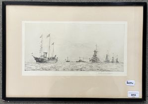 Rowland Langmaid, Dreadnoughts, etching, signed in pencil, 20 x 38 cm