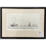 Rowland Langmaid, Dreadnoughts, etching, signed in pencil, 20 x 38 cm