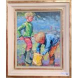 Jeffrey Pratt (b. 1940), two young boys with a fishing net, oil on board, signed, 50 x 40 cm, also