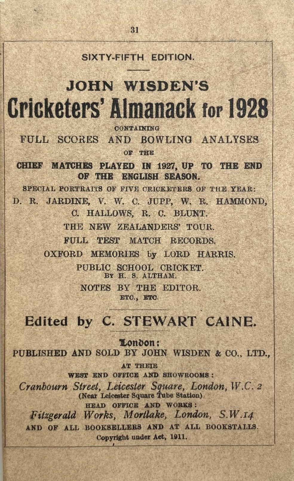 A Wisden Cricketers' Almanack, 1928 Provenance:  From the Harry Brewer Cricket Memorabilia - Image 3 of 4