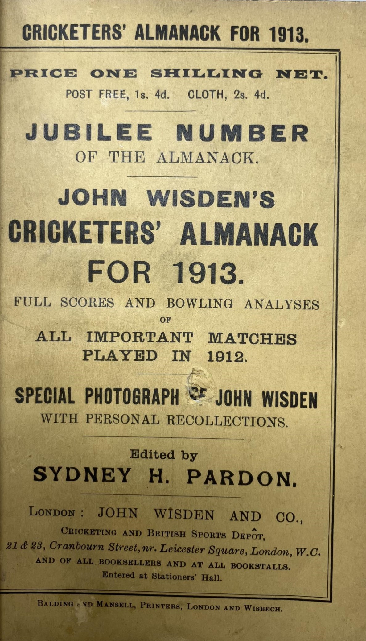 A Wisden Cricketers' Almanack, 1913 Provenance:  From the Harry Brewer Cricket Memorabilia - Image 3 of 4