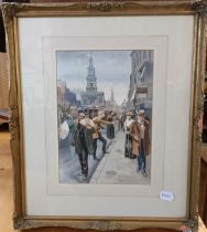 Harvey Fisher, London street scene, watercolour, signed, 30 x 20 cm
