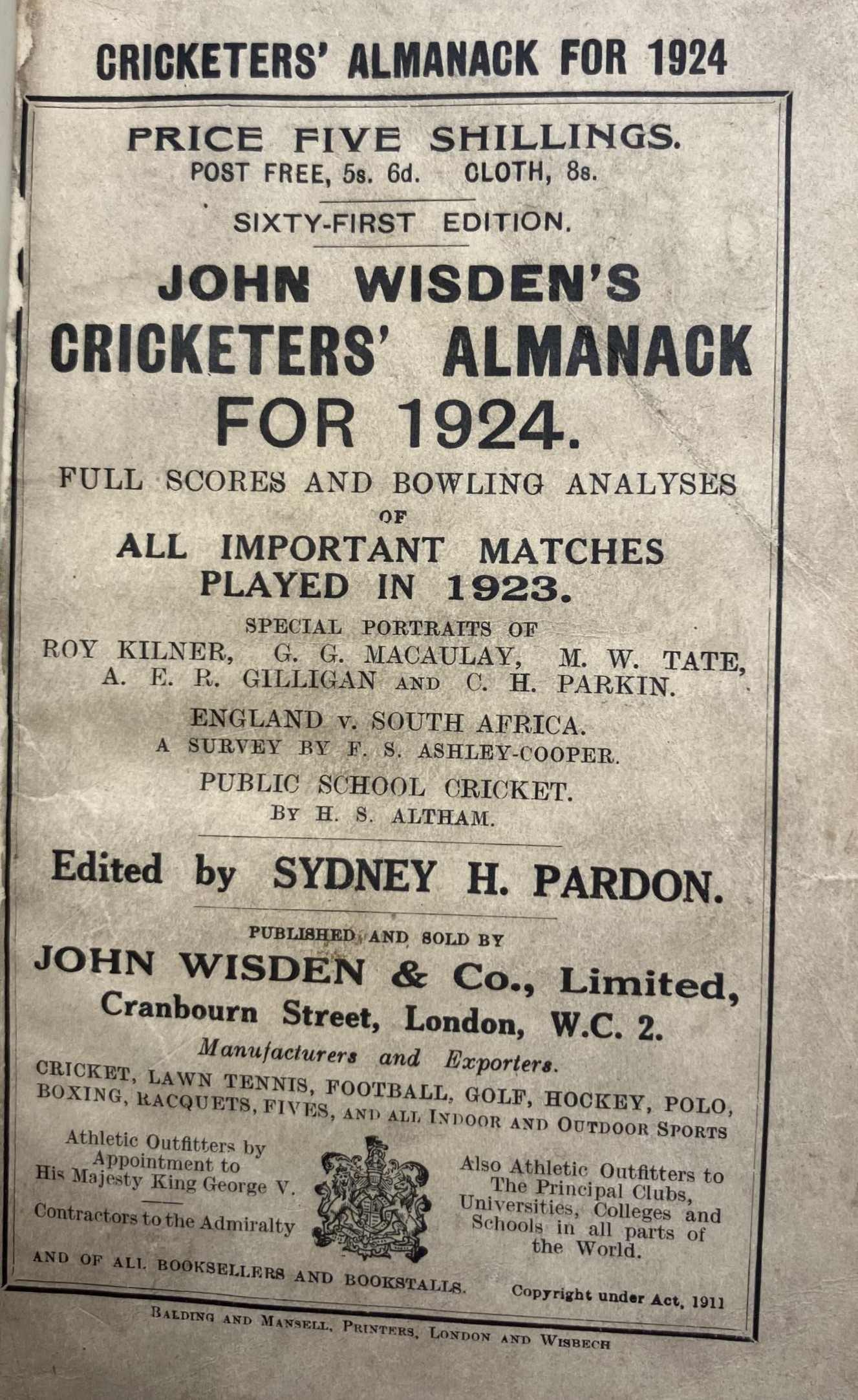 A Wisden Cricketers' Almanack, 1924 Provenance:  From the Harry Brewer Cricket Memorabilia - Image 3 of 4