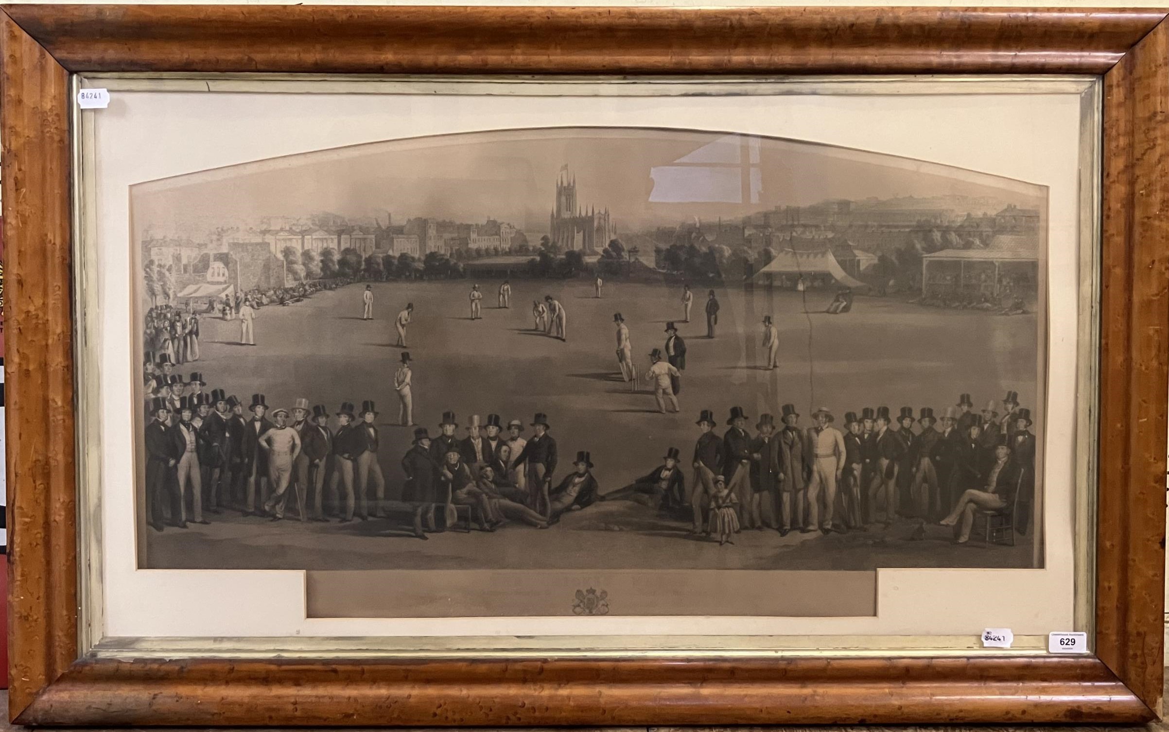 A 19th century print, The Cricket Match, 50 x 92 cm, in a birds eye maple frame Provenance:  From