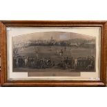 A 19th century print, The Cricket Match, 50 x 92 cm, in a birds eye maple frame Provenance:  From