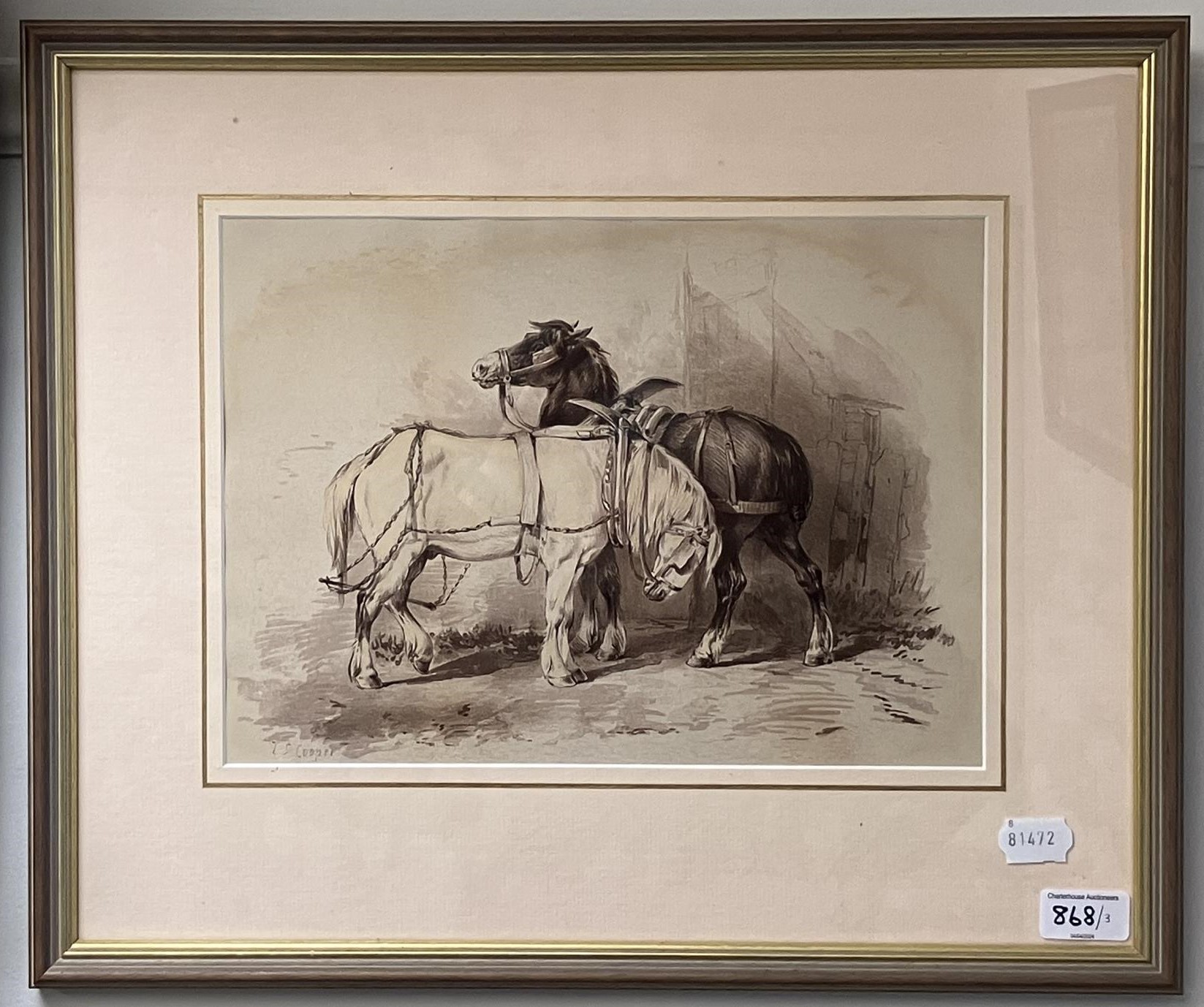 After Thomas Sidney Cooper, two horses, print, 23 x 33 cm, a 19th century print, 37 x 25 cm, and