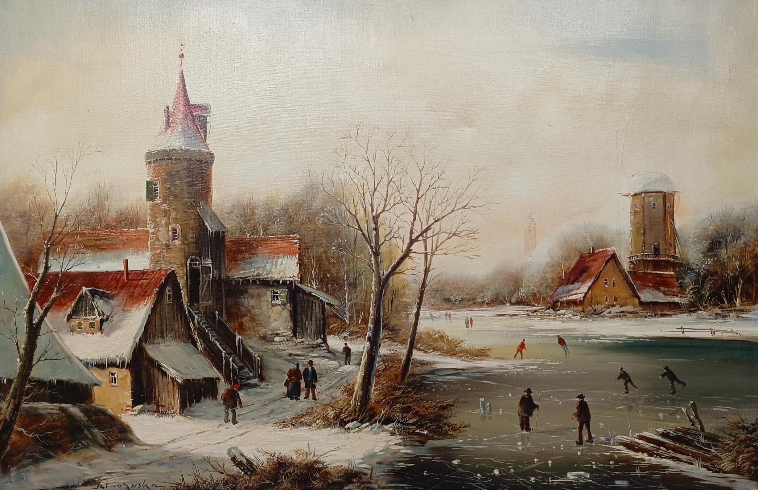 Martin Prohaska (German b. 1949), a winter scene with ice skating, oil on canvas, signed, 59.5 x