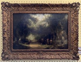 Attributed to William Shayer (British 1811-1892), a wooded lane, with figures and horses, oil on