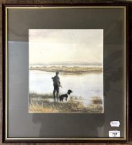 Jay Wilkinson, a man with shotgun and dog, watercolour, signed and dated '81, 30 x 25 cm