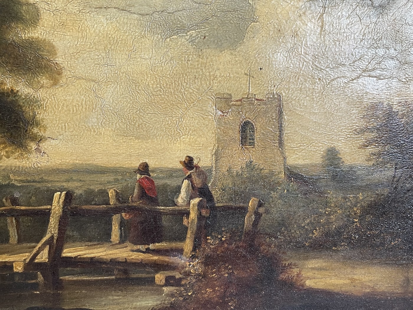 19th century, English school, figures on a bridge by a Church, oil on canvas, 35 x 44 cm - Image 3 of 5