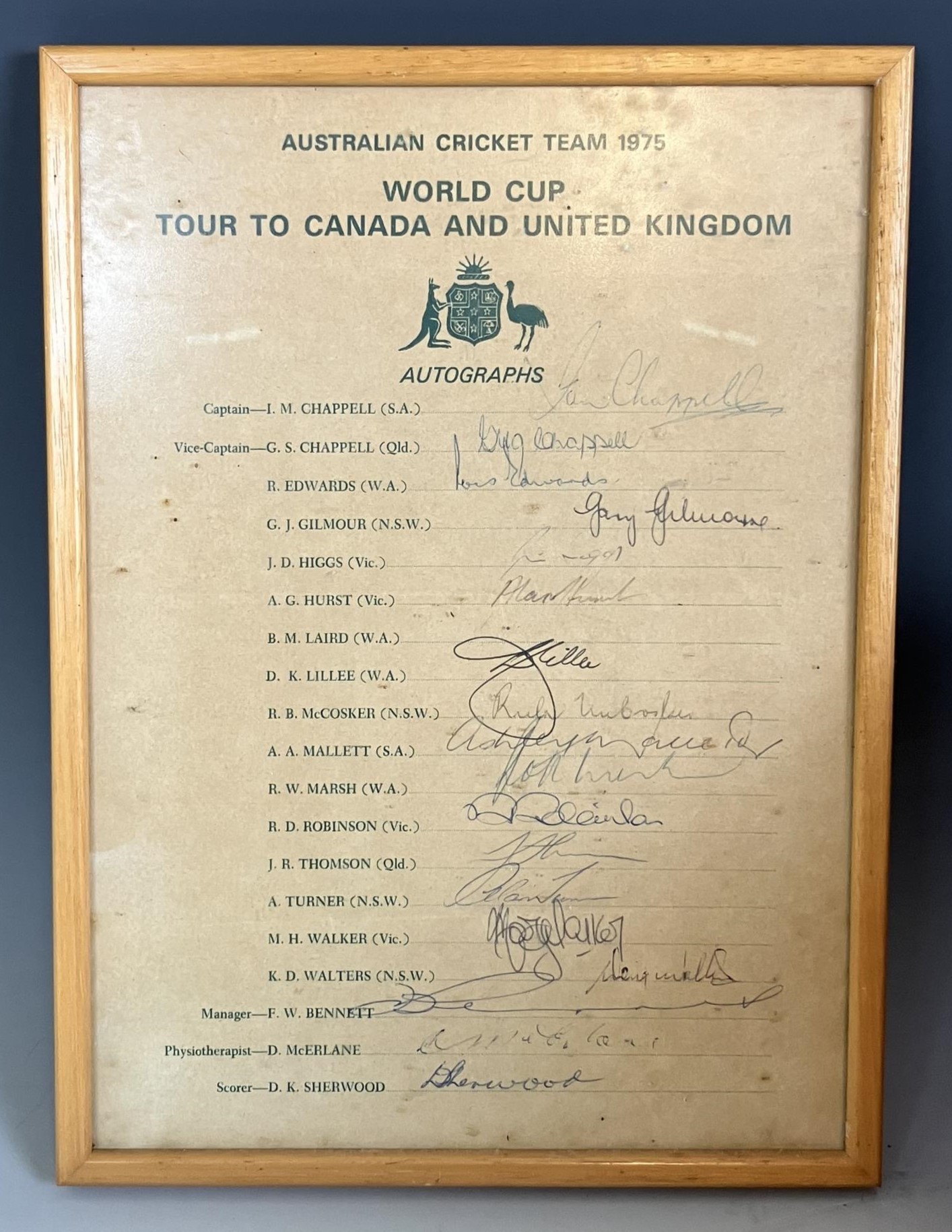 A set of cricketing autographs, Australian Cricket Team 1975, on the tour to Canada and the UK,