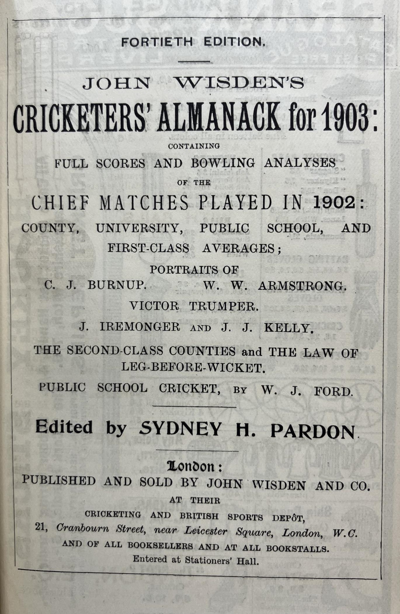 A Wisden Cricketers' Almanack, 1903 Provenance:  From the Harry Brewer Cricket Memorabilia