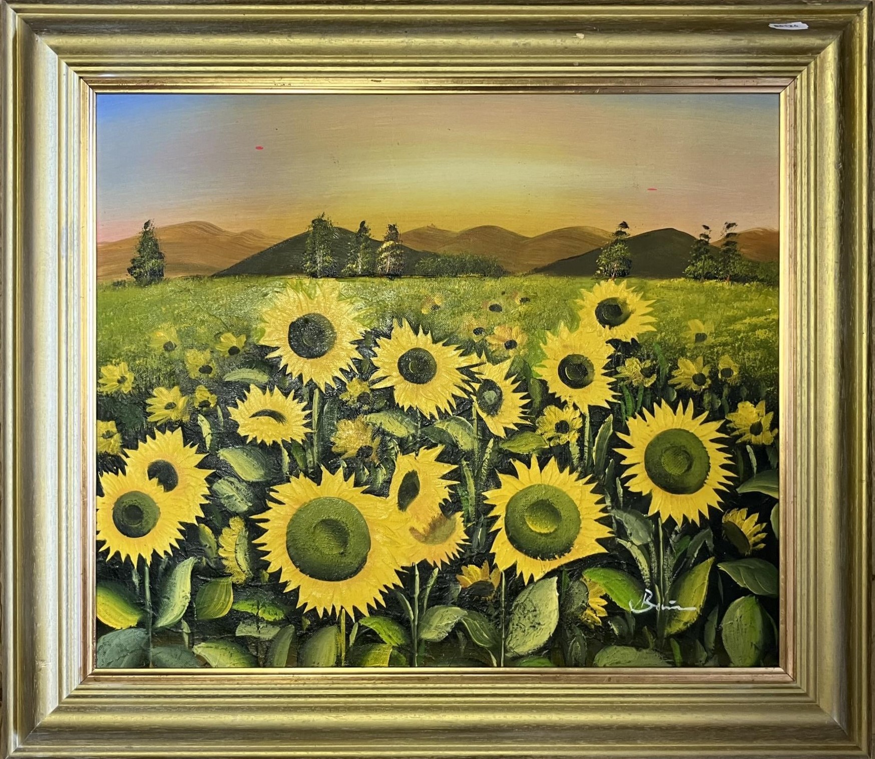 A study of sunflowers, indistinctly signed, oil on board, 47 x 58 cm, and assorted pictures and
