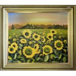 A study of sunflowers, indistinctly signed, oil on board, 47 x 58 cm, and assorted pictures and