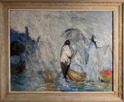 Pawg, figures in the rain, oil on canvas, signed and dated '53, 56 x 70 cm