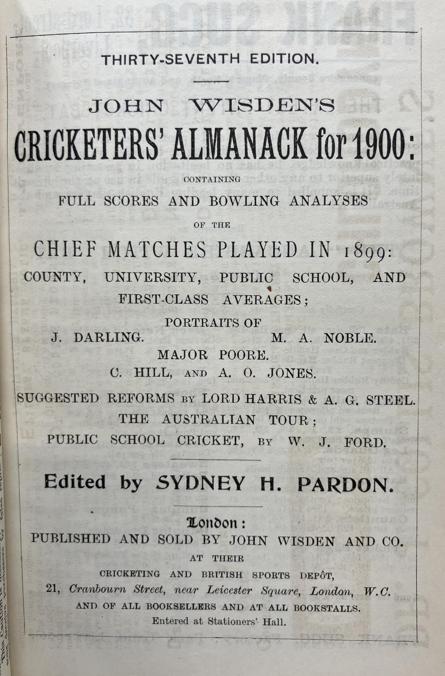 A Wisden Cricketers' Almanack, 1900  Provenance:  From the Harry Brewer Cricket Memorabilia