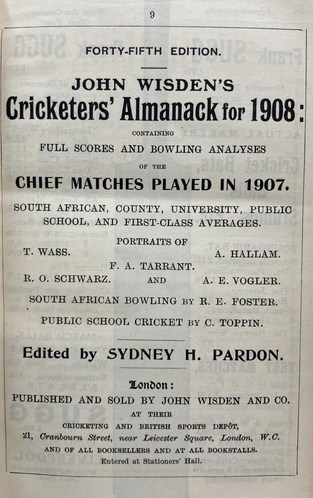 A Wisden Cricketers' Almanack, 1908 Provenance:  From the Harry Brewer Cricket Memorabilia